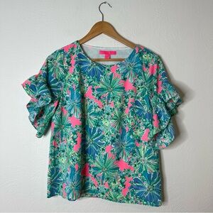 Lilly Pulitzer Darlah Short Ruffle Sleeve Top Floral Print Full Bloom Size S